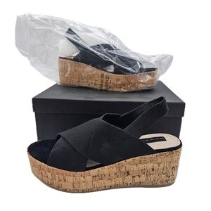 Steven Steve Madden Caly Black Sandal Cork Wedge Bottom Open Toe Black 9.5 NEW